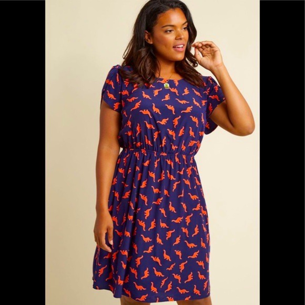 ModCloth Oh My Gosh A-line dress Navy Dinos dinosaur dress